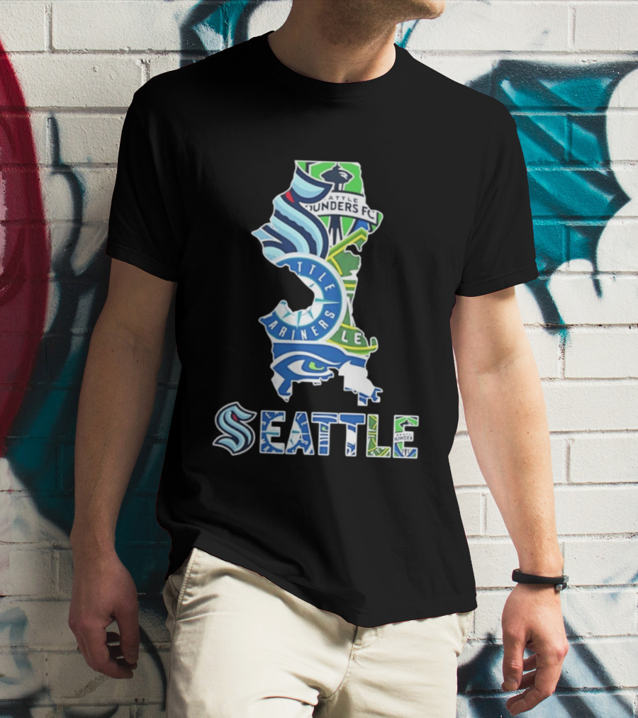 Seattle Kraken Mariners Seahawks Sounders FC Map Collage 2026 T-Shirt