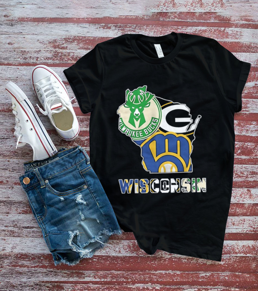 Milwaukee Bucks Green Bay Packers Milwaukee Brewers Wisconsin Map T-Shirt