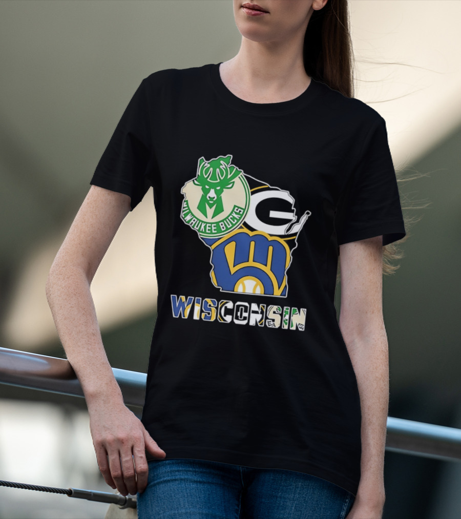 Milwaukee Bucks Green Bay Packers Milwaukee Brewers Wisconsin Map T-Shirt