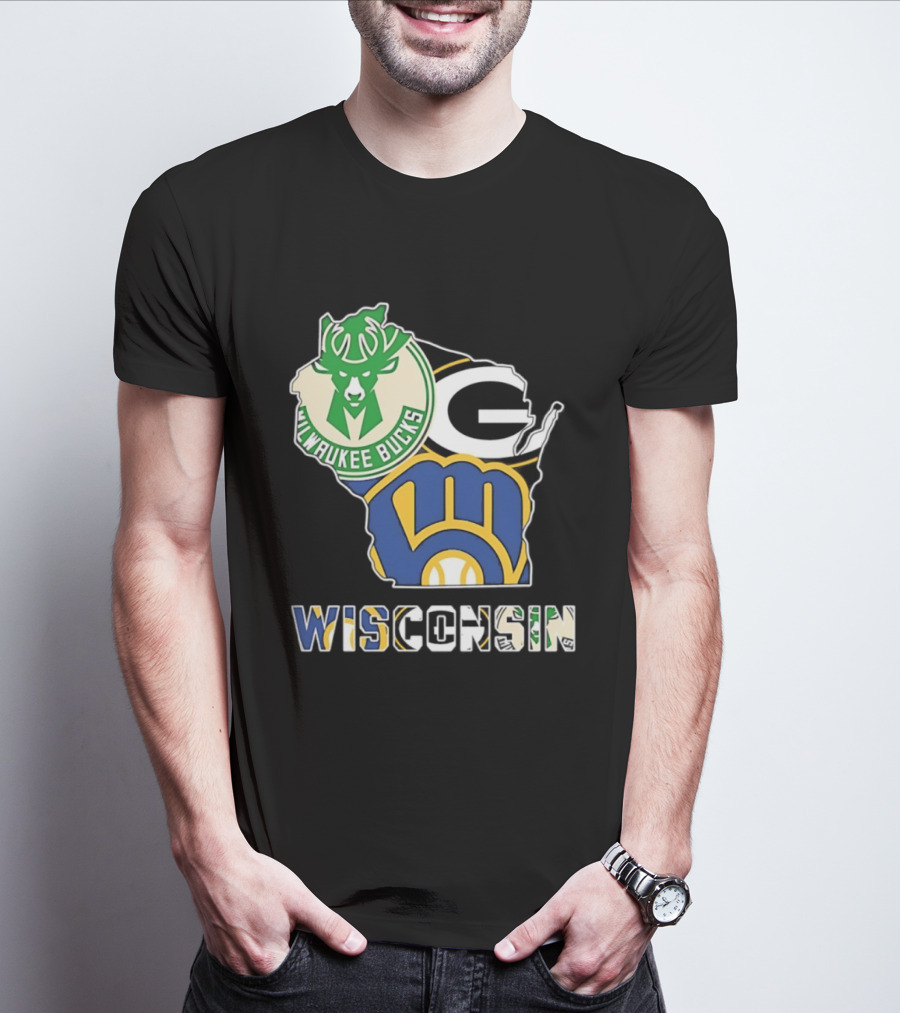 Milwaukee Bucks Green Bay Packers Milwaukee Brewers Wisconsin Map T-Shirt