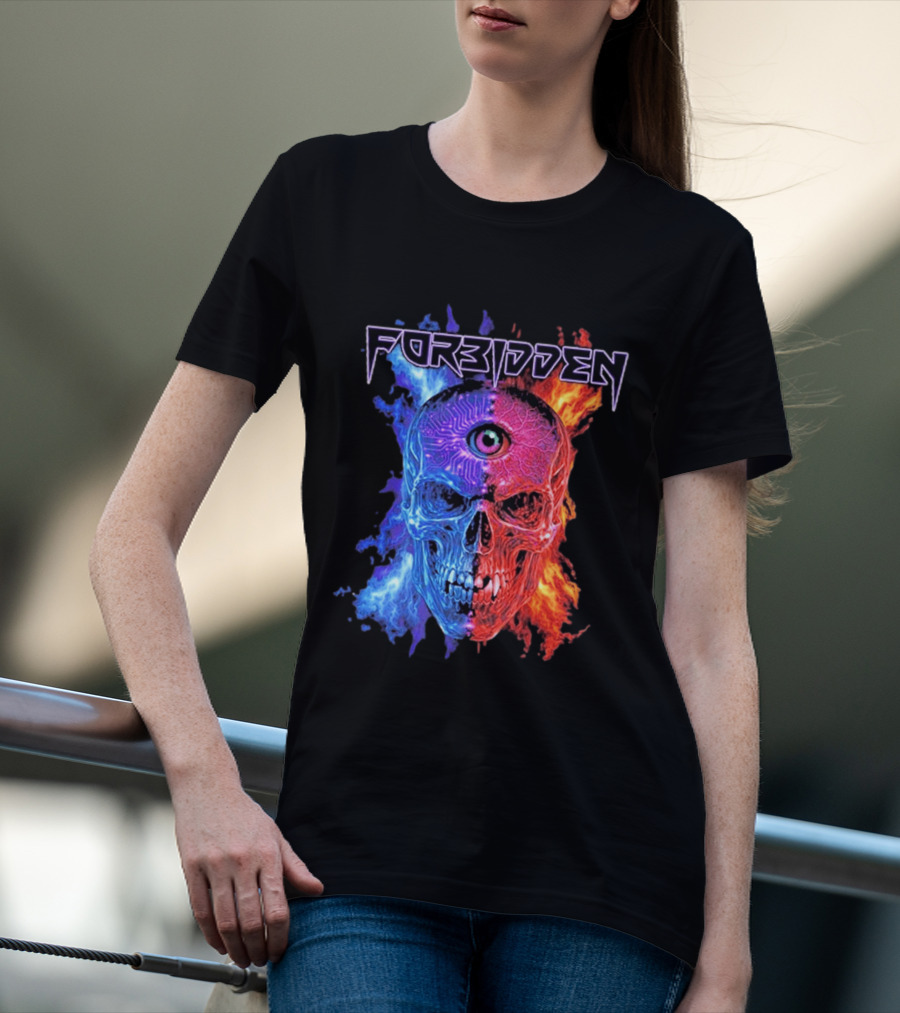 FORBIDDEN Skull Eye Flames Blue Red Fusion T-Shirt