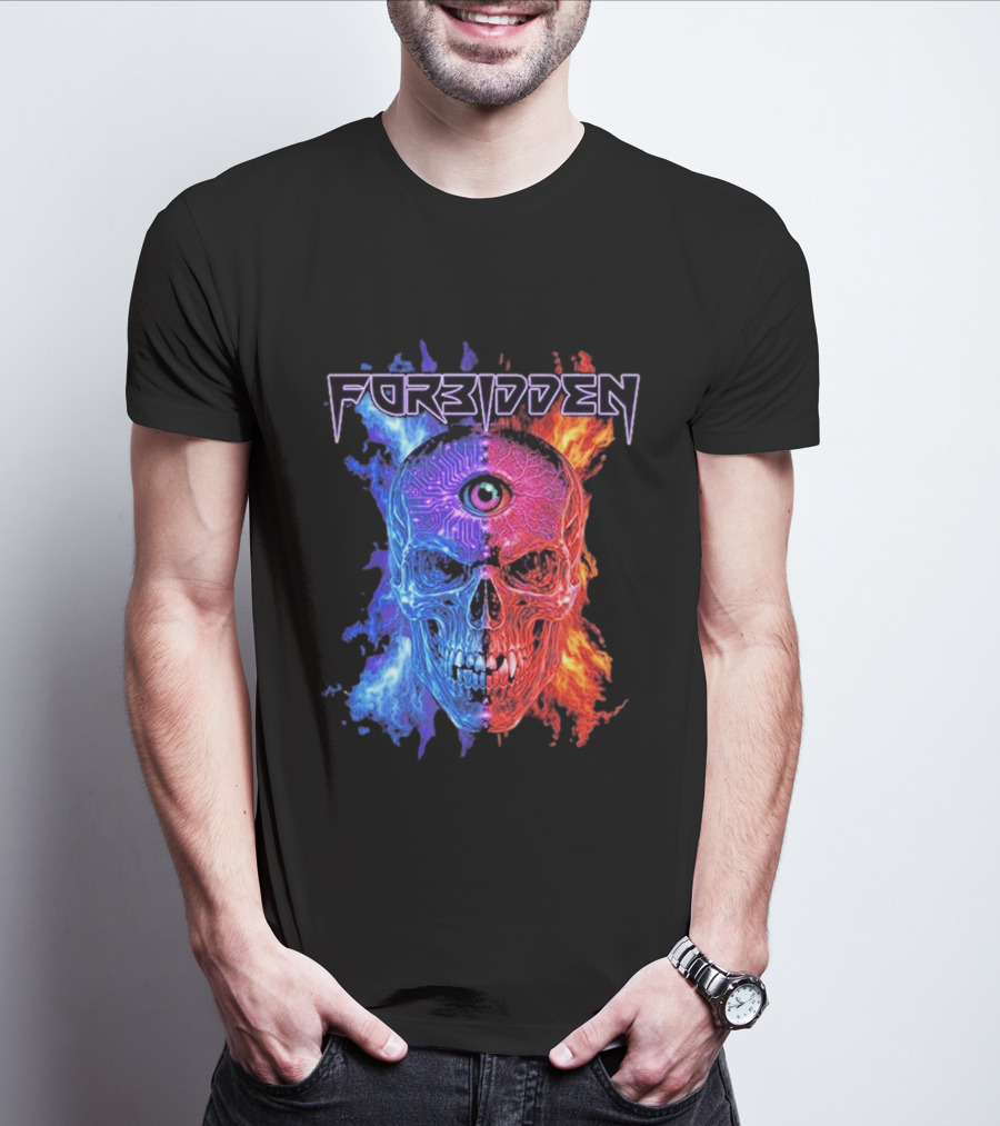 FORBIDDEN Skull Eye Flames Blue Red Fusion T-Shirt