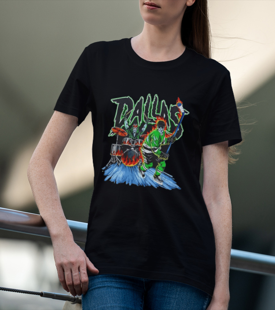Dallas Stars Skeleton Hockey Fire With Drummer T-Shirt