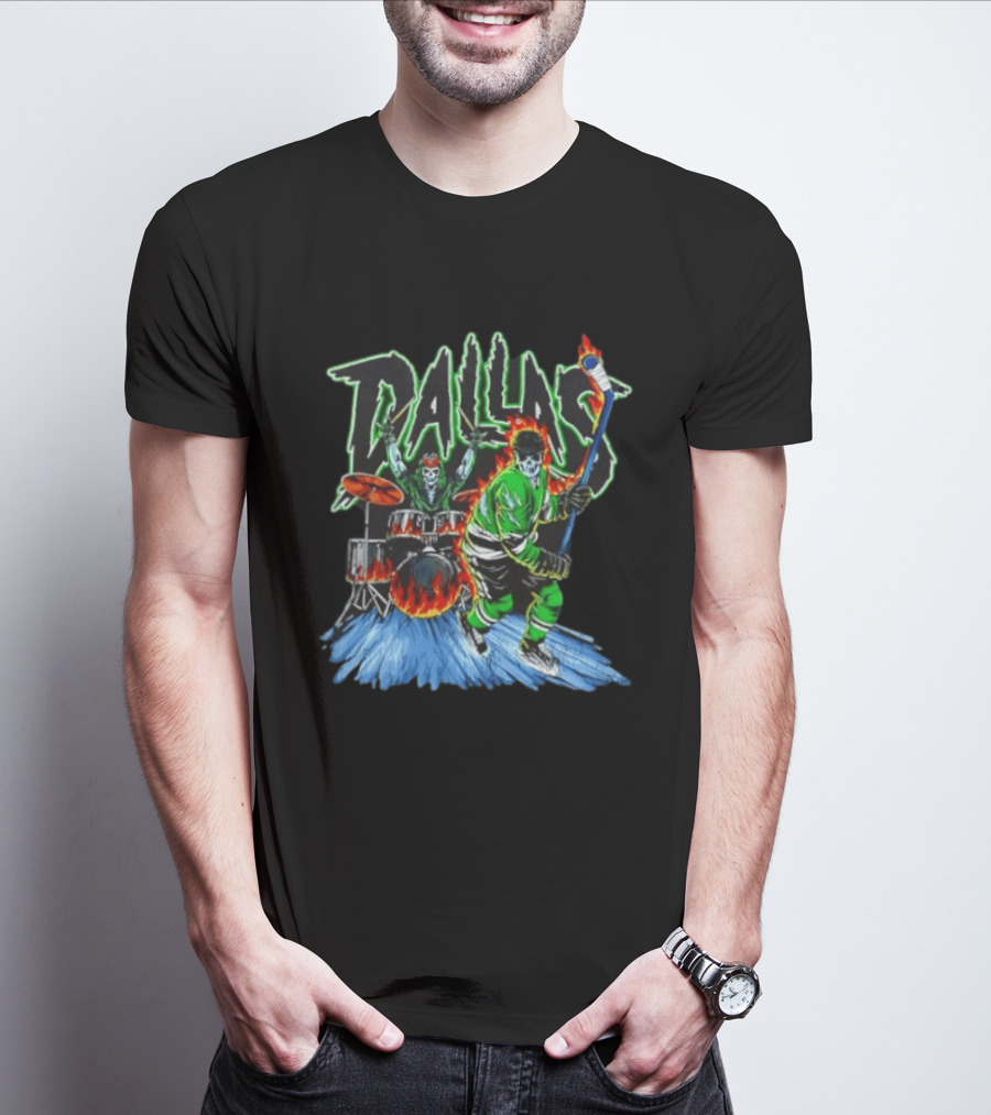 Dallas Stars Skeleton Hockey Fire With Drummer T-Shirt