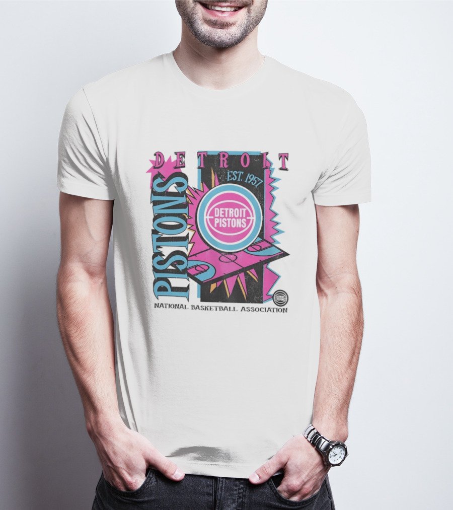 Detroit Pistons 1957 Est. Neon National Basketball Association Court T-Shirt