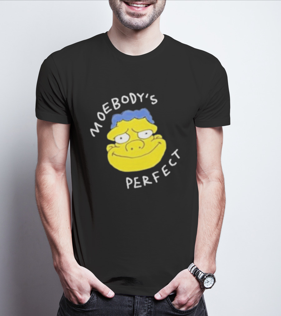 Moebody's Perfect Yellow Cartoon Face With Blue Hair Smirk T-Shirt