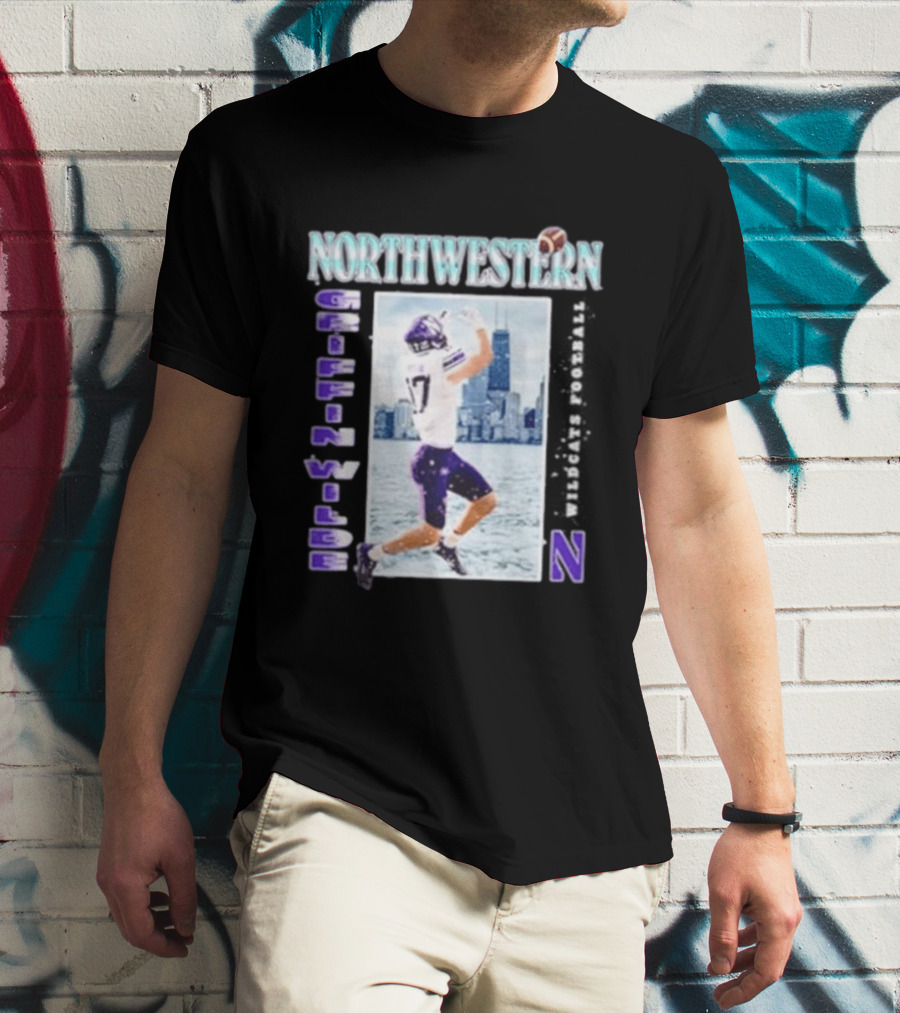 Northwestern Wildcats Football Griffin Wilde No 17 Chicago Skyline T-Shirt
