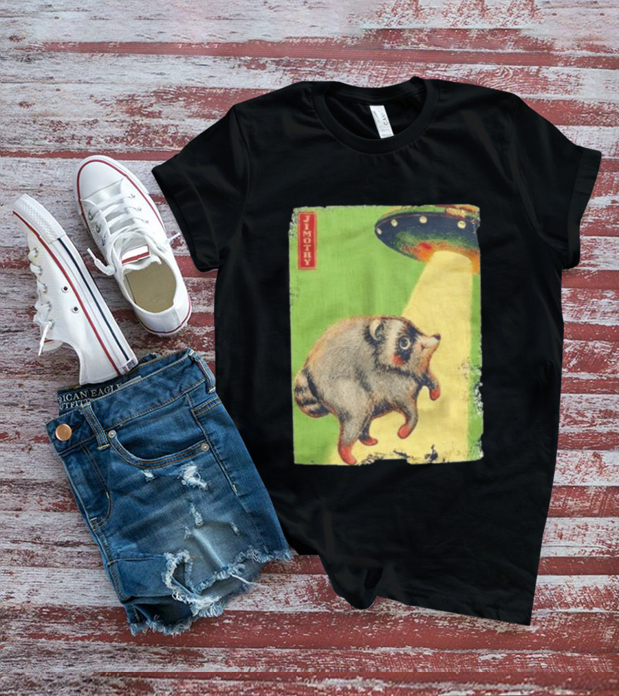 Jimothy Raccoon Abducted By UFO Alien Beam On Green T-Shirt