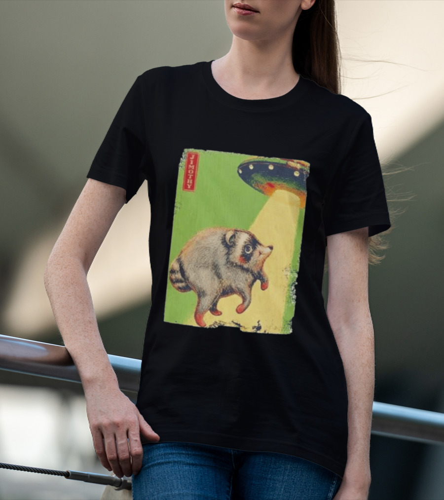Jimothy Raccoon Abducted By UFO Alien Beam On Green T-Shirt