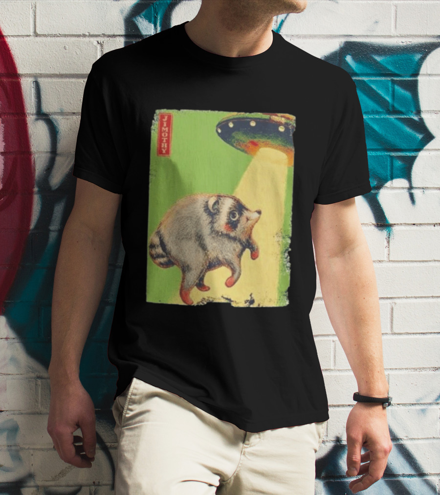 Jimothy Raccoon Abducted By UFO Alien Beam On Green T-Shirt