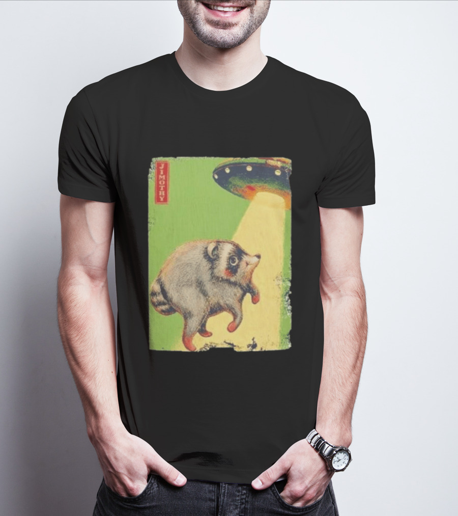 Jimothy Raccoon Abducted By UFO Alien Beam On Green T-Shirt