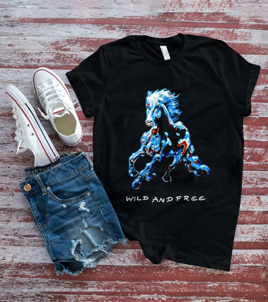 Wild Horse Wild And Free Blue Red Watercolor T-Shirt