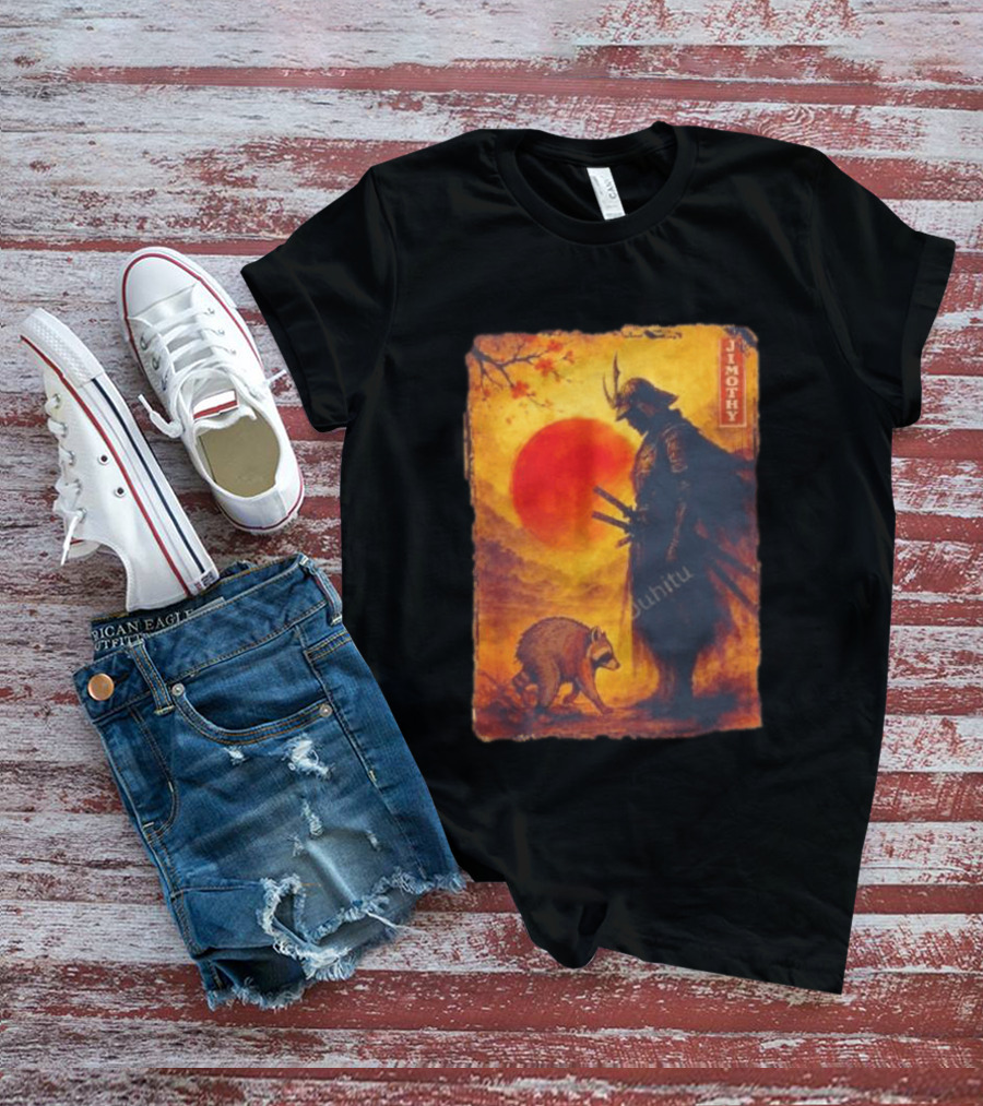 Jimothy Samurai Warrior And Raccoon Japanese Sunset T-Shirt
