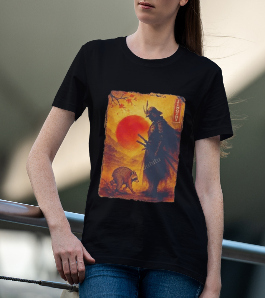 Jimothy Samurai Warrior And Raccoon Japanese Sunset T-Shirt