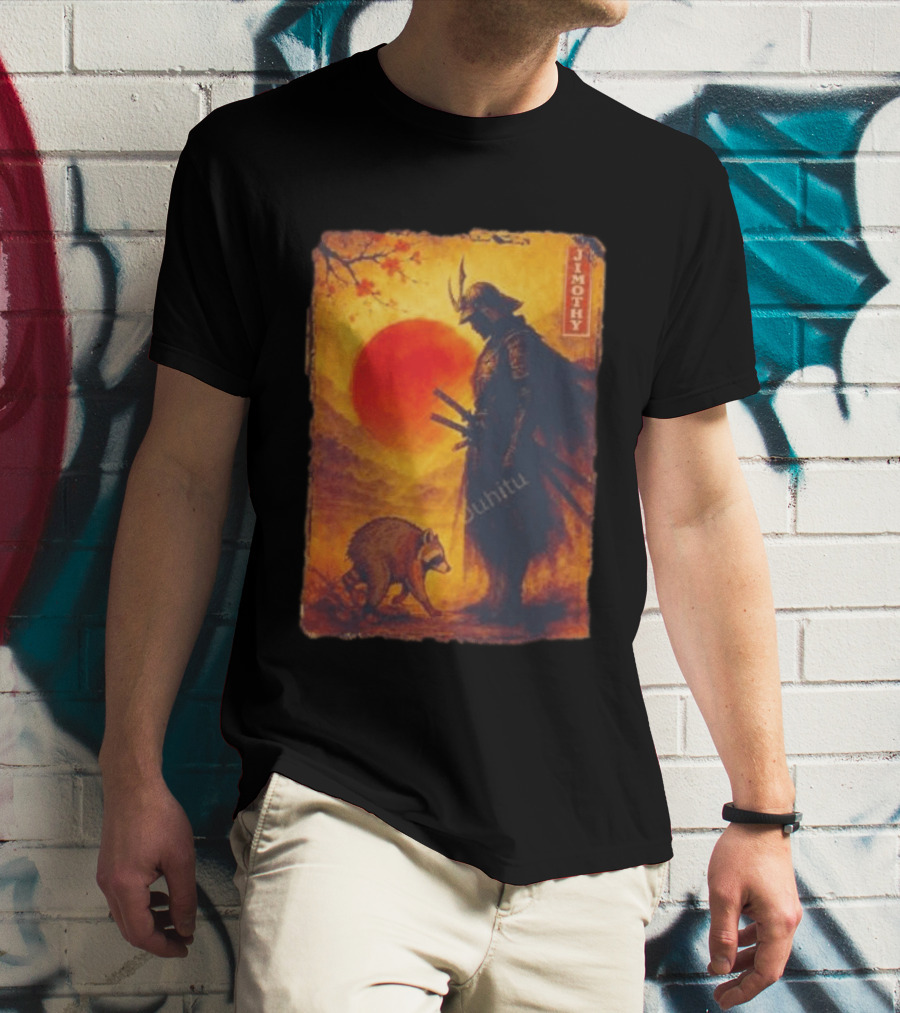 Jimothy Samurai Warrior And Raccoon Japanese Sunset T-Shirt