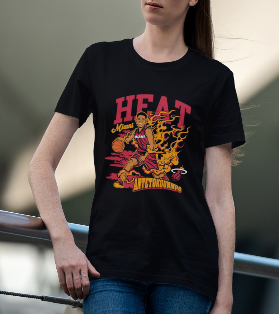 Miami Heat Giannis Antetokounmpo Basketball Caricature With Flames T-Shirt
