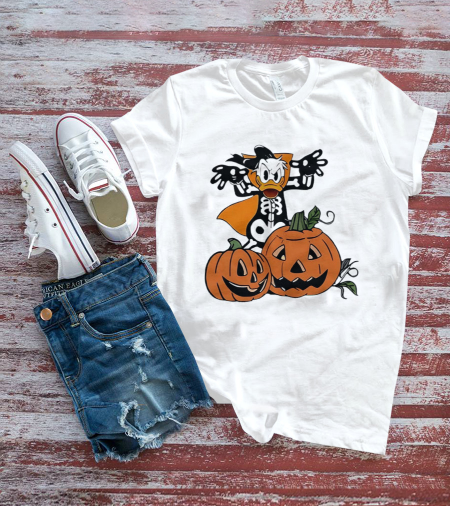 Donald Duck Skeleton Costume With Pumpkins Disney Halloween T-Shirt