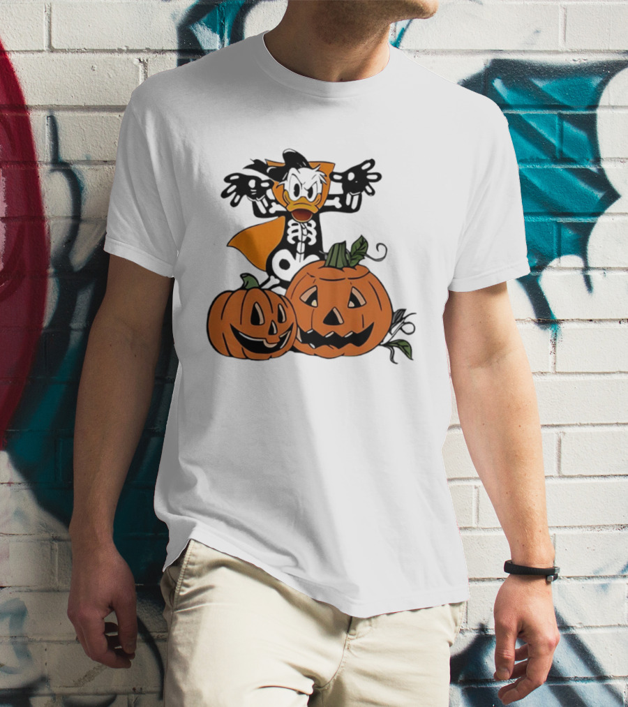 Donald Duck Skeleton Costume With Pumpkins Disney Halloween T-Shirt