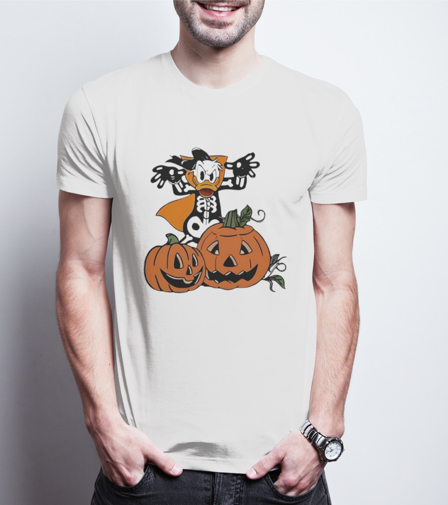 Donald Duck Skeleton Costume With Pumpkins Disney Halloween T-Shirt