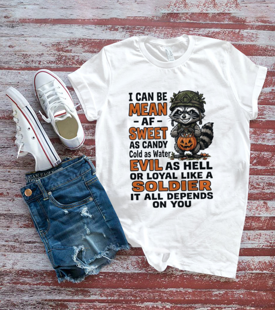 Raccoon I Can Be Mean AF Sweet As Candy Cold As Water Evil As Hell Or Loyal Like A Soldier It All Depends On You T-Shirt