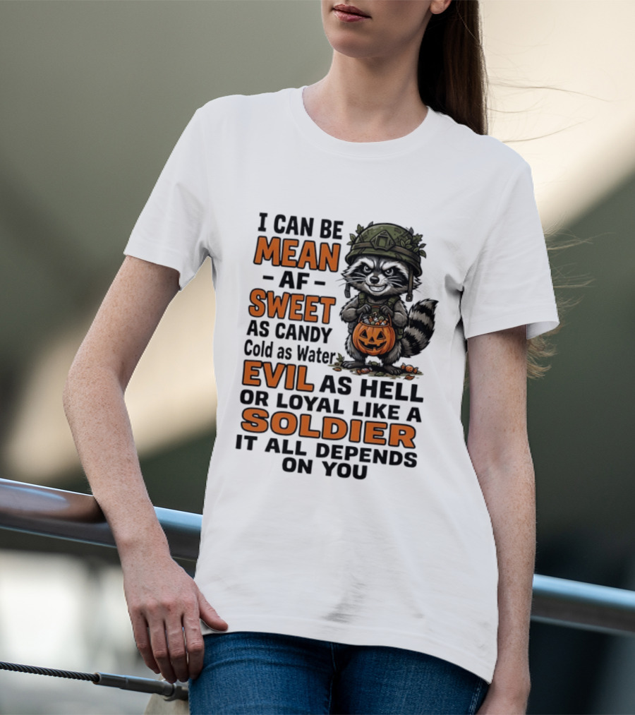 Raccoon I Can Be Mean AF Sweet As Candy Cold As Water Evil As Hell Or Loyal Like A Soldier It All Depends On You T-Shirt