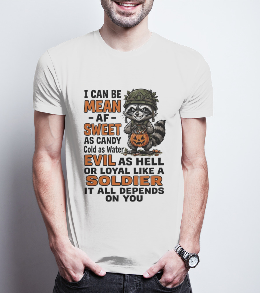 Raccoon I Can Be Mean AF Sweet As Candy Cold As Water Evil As Hell Or Loyal Like A Soldier It All Depends On You T-Shirt
