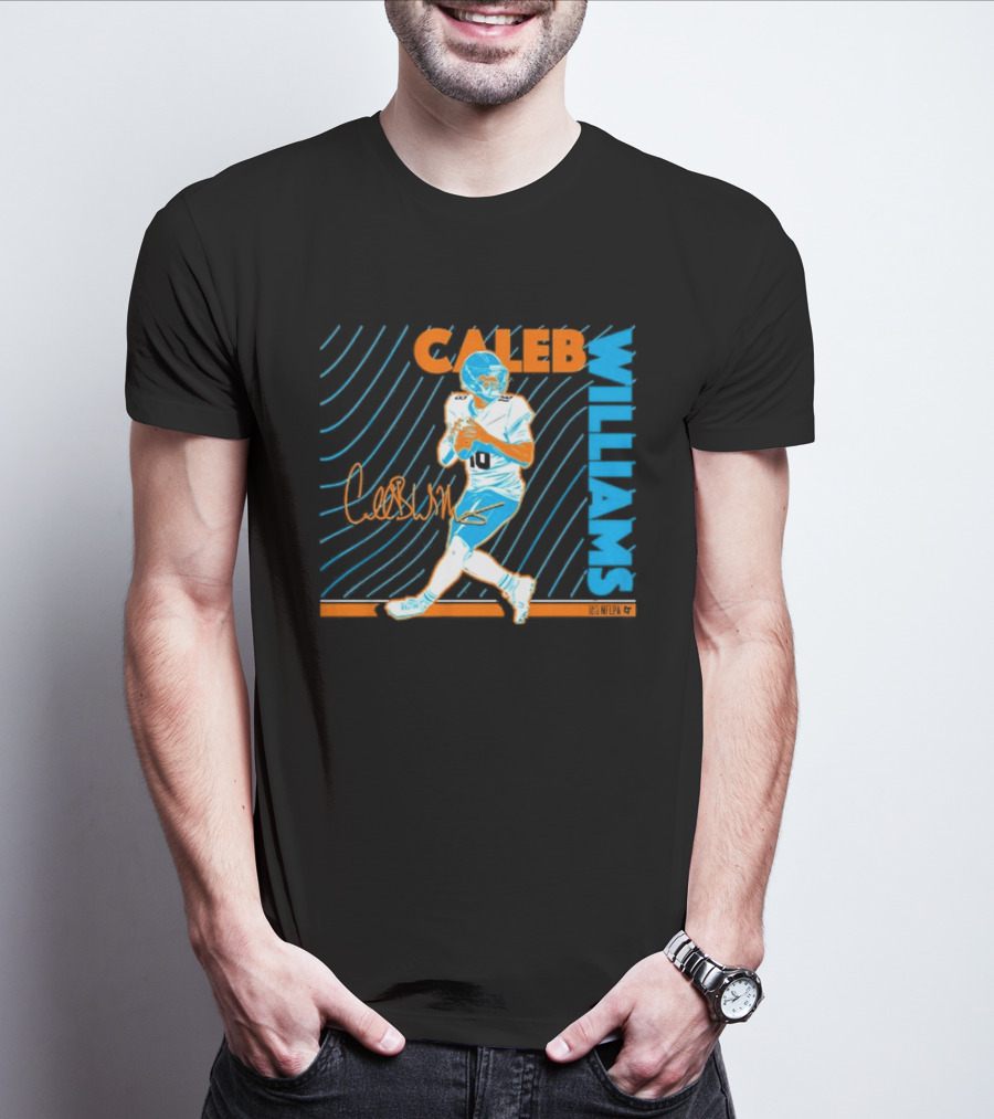 Caleb Williams Neon Nights Football Pose With Signature T-Shirt