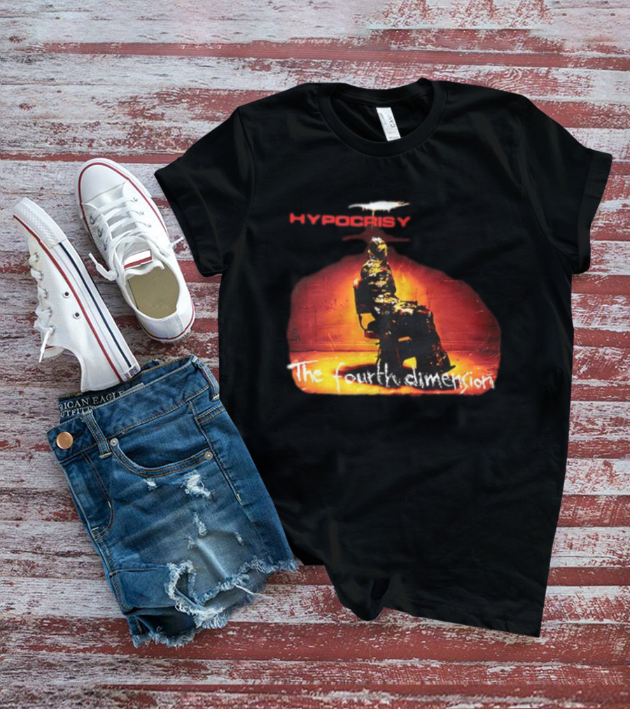Hypocrisy The Fourth Dimension Red Text And Seated Figure T-Shirt