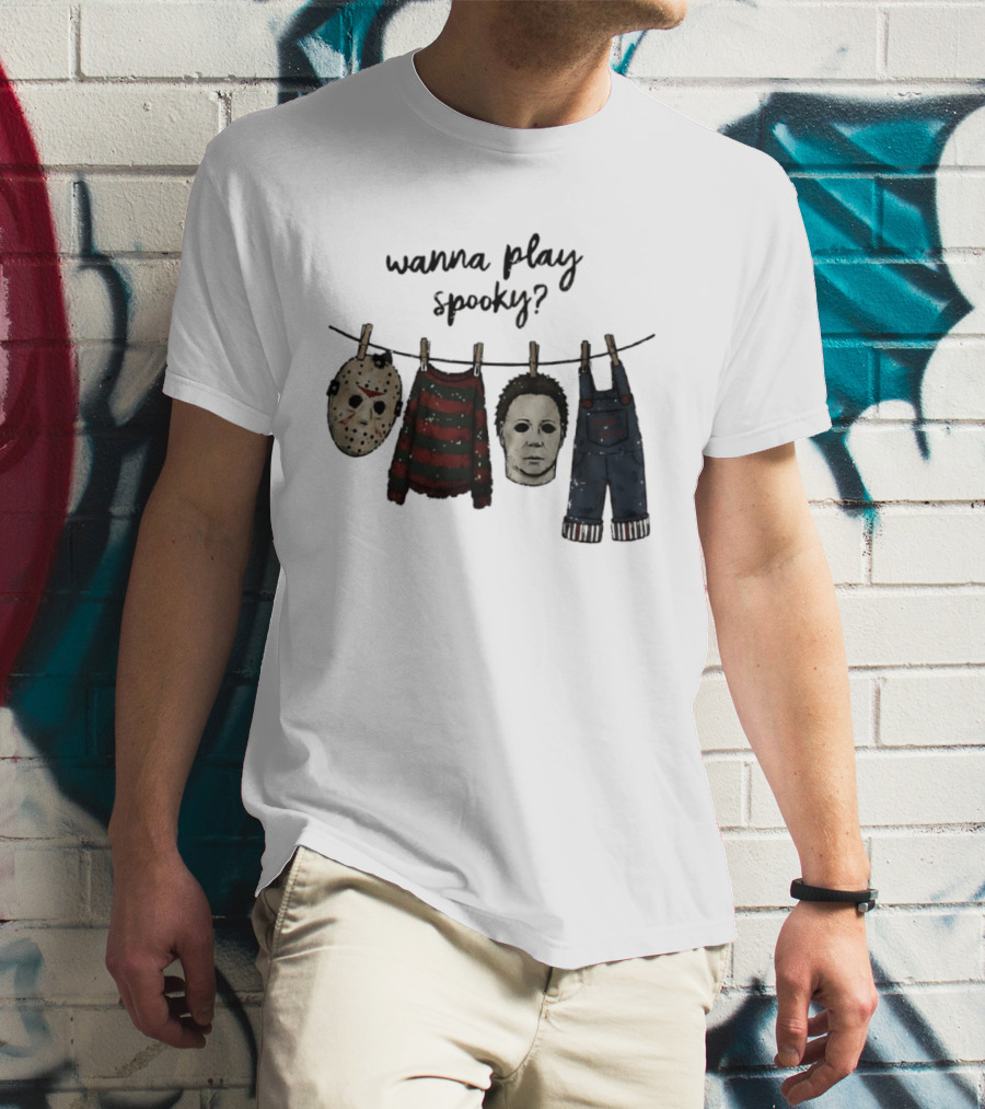 Wanna Play Spooky Halloween Horror Mask And Costume References T-Shirt