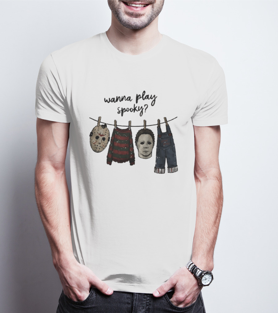 Wanna Play Spooky Halloween Horror Mask And Costume References T-Shirt