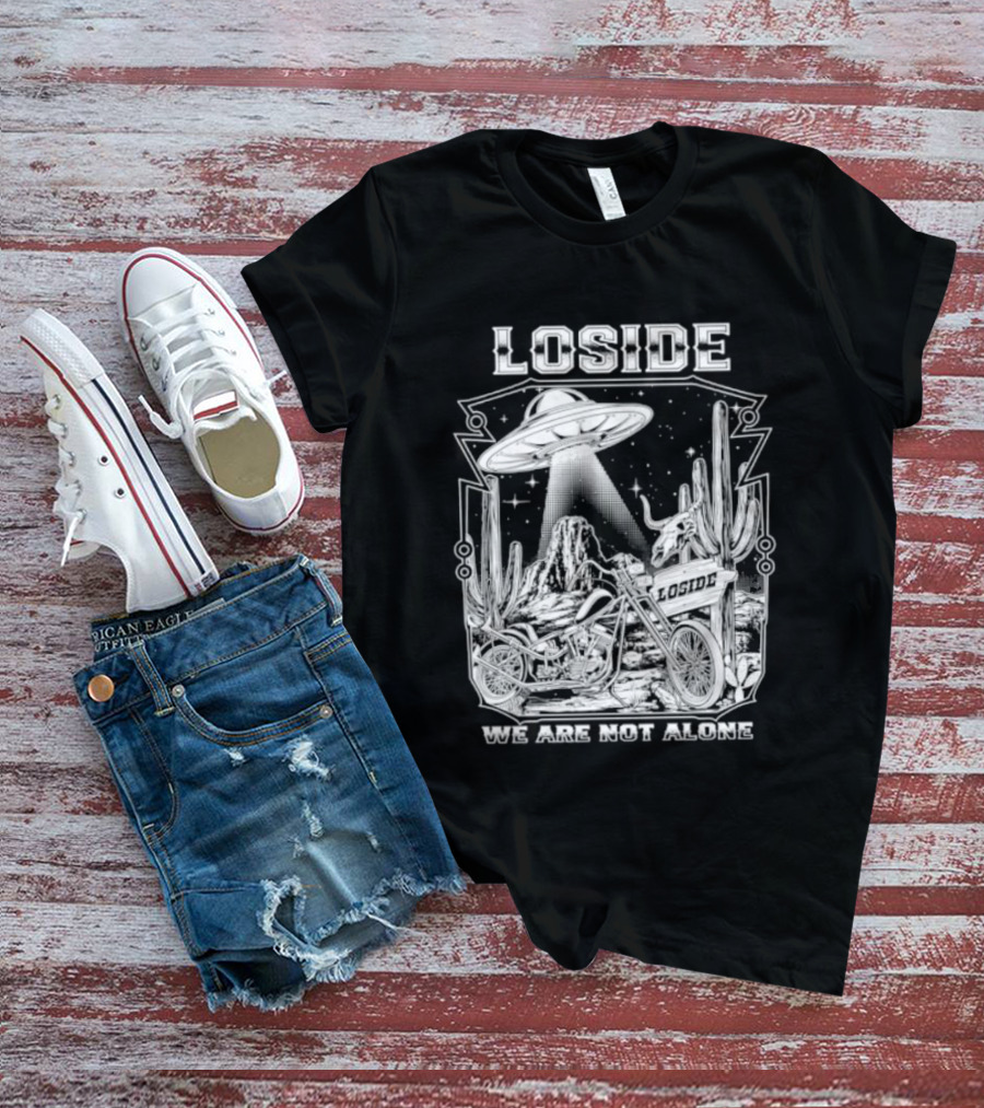 Loside We Are Not Alone UFO Motorcycle Desert Scene Cactus Stars T-Shirt