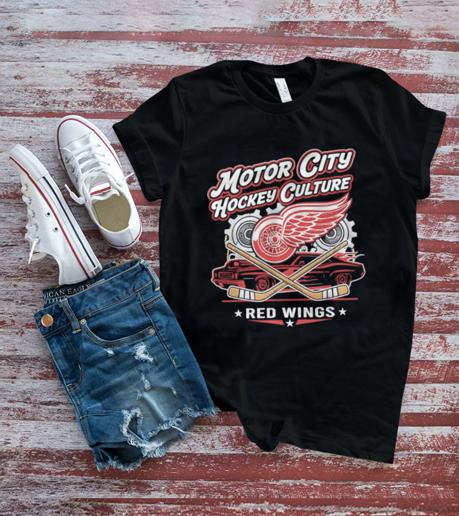 Motor City Hockey Culture Red Wings NHL Classic Logo And Car T-Shirt