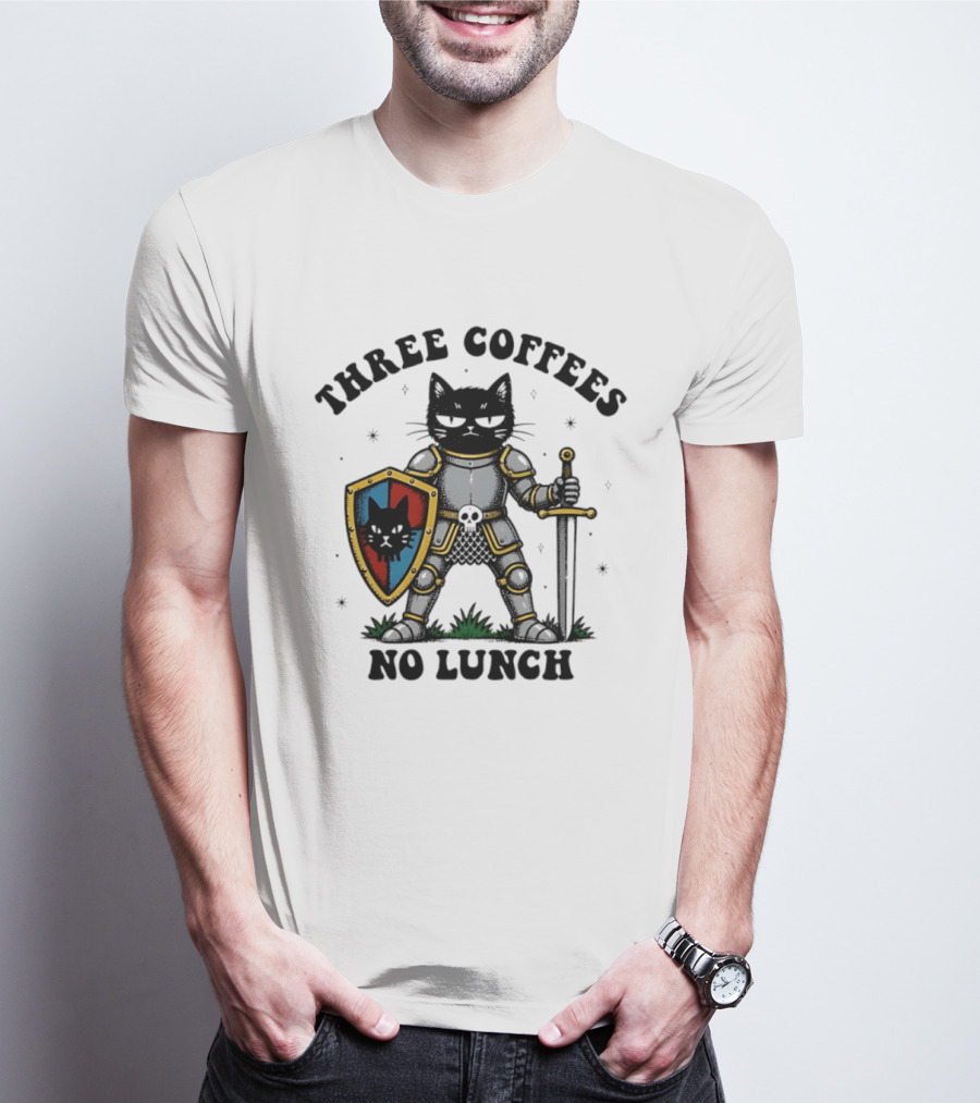 Three Coffees No Lunch Black Cat Armored Knight Shield T-Shirt