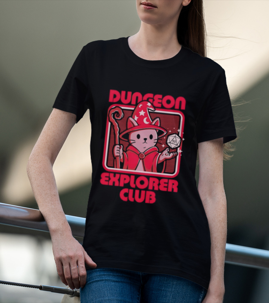 Dungeon Explorer Club Wizard Cat With D20 Dice Magic Wand T-Shirt