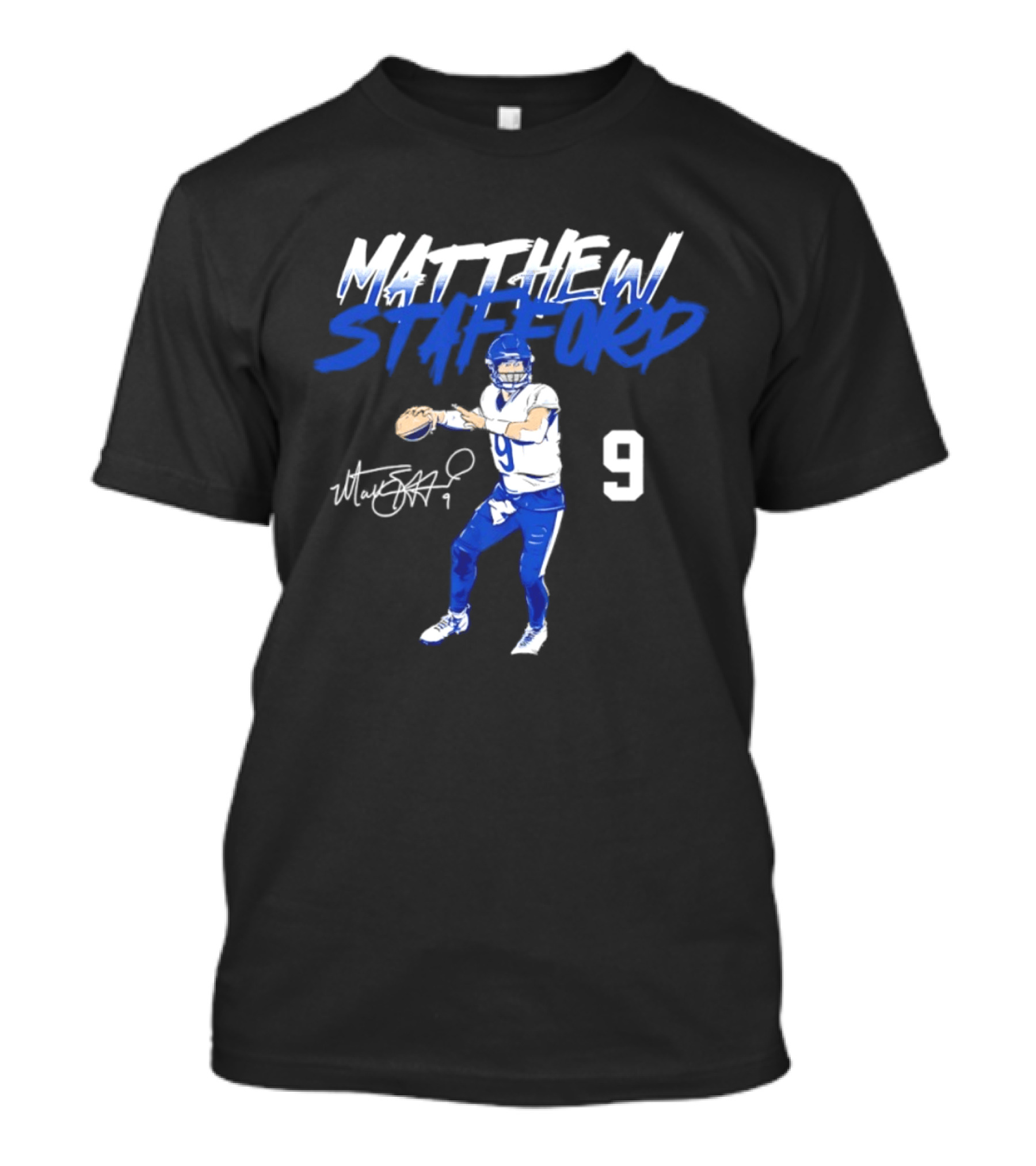 Matthew Stafford 9 Autograph Los Angeles Rams Quarterback Action Pose T-Shirt