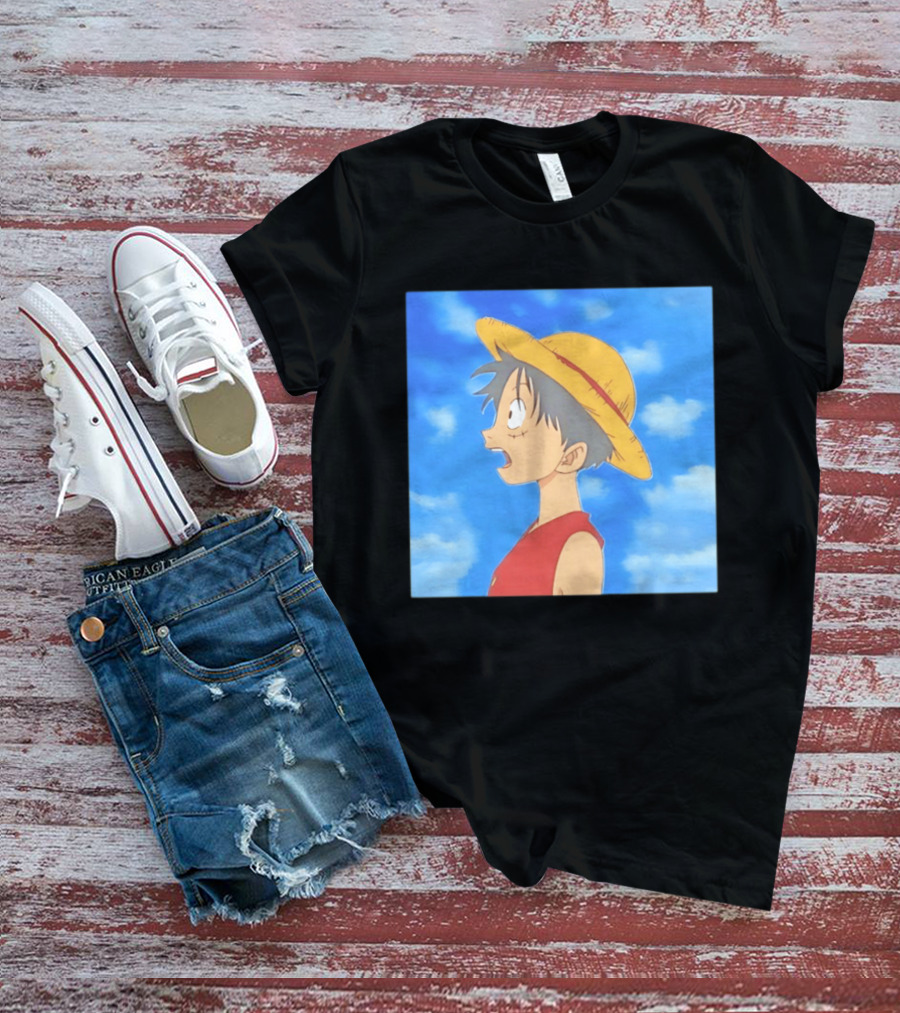 Monkey D Luffy Sky Gazing Red Vest Yellow Straw Hat Anime Scene Clouds Blue Sky T-Shirt