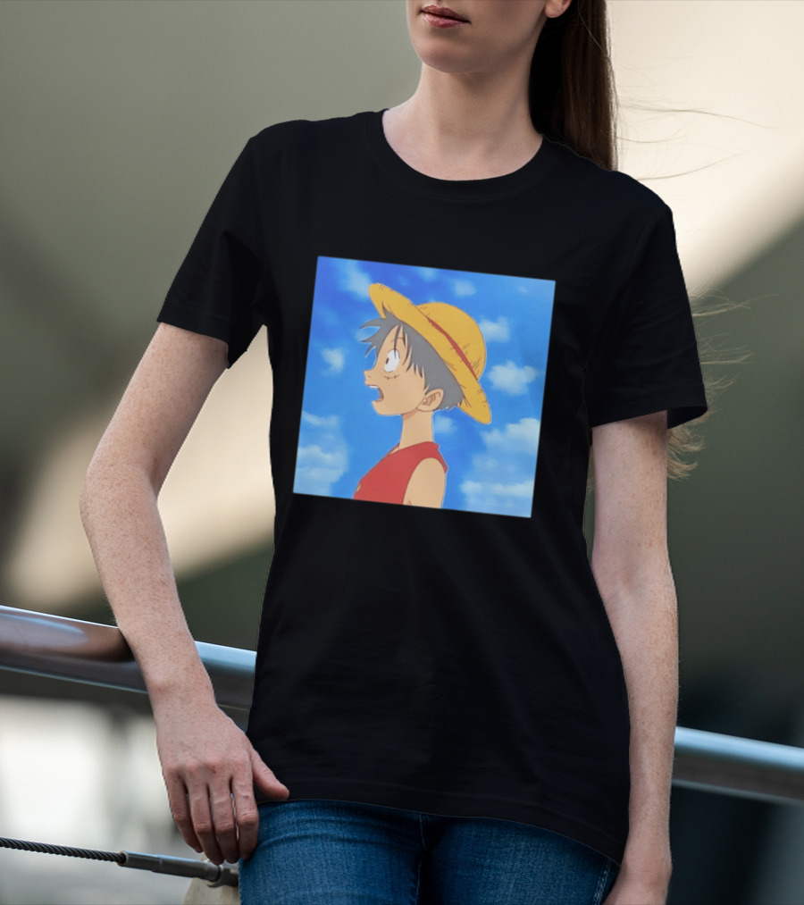Monkey D Luffy Sky Gazing Red Vest Yellow Straw Hat Anime Scene Clouds Blue Sky T-Shirt