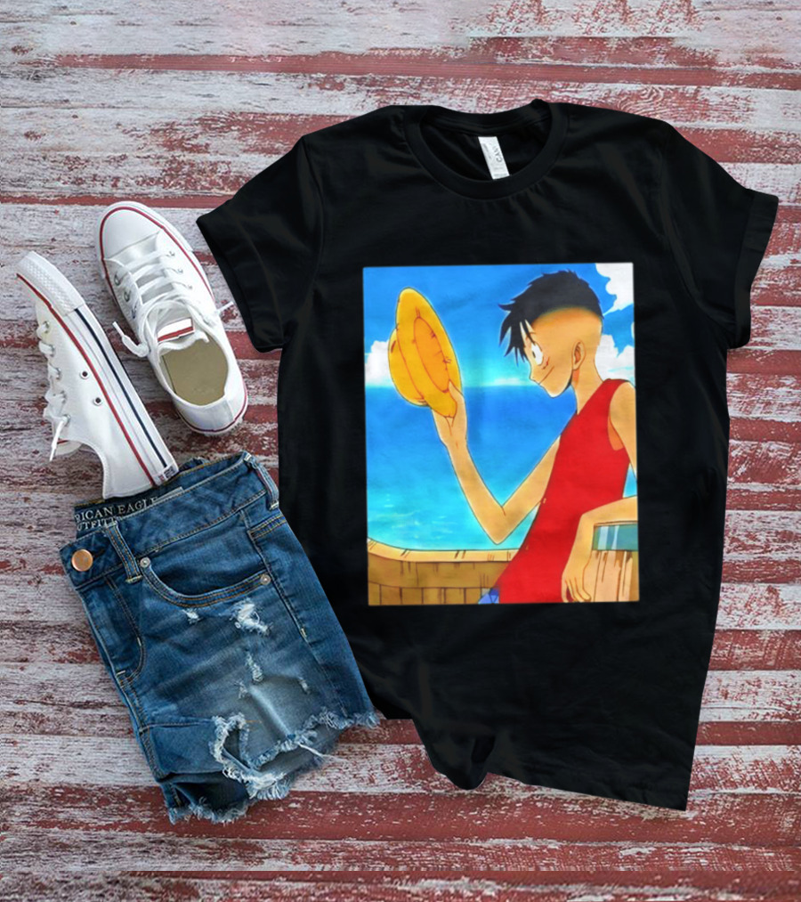 One Piece Luffy Taper Fade Anime Manga Straw Hat Ocean Scene T-Shirt