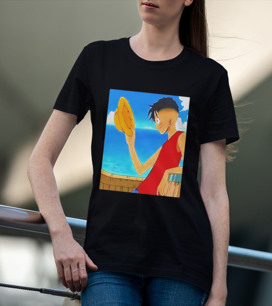 One Piece Luffy Taper Fade Anime Manga Straw Hat Ocean Scene T-Shirt