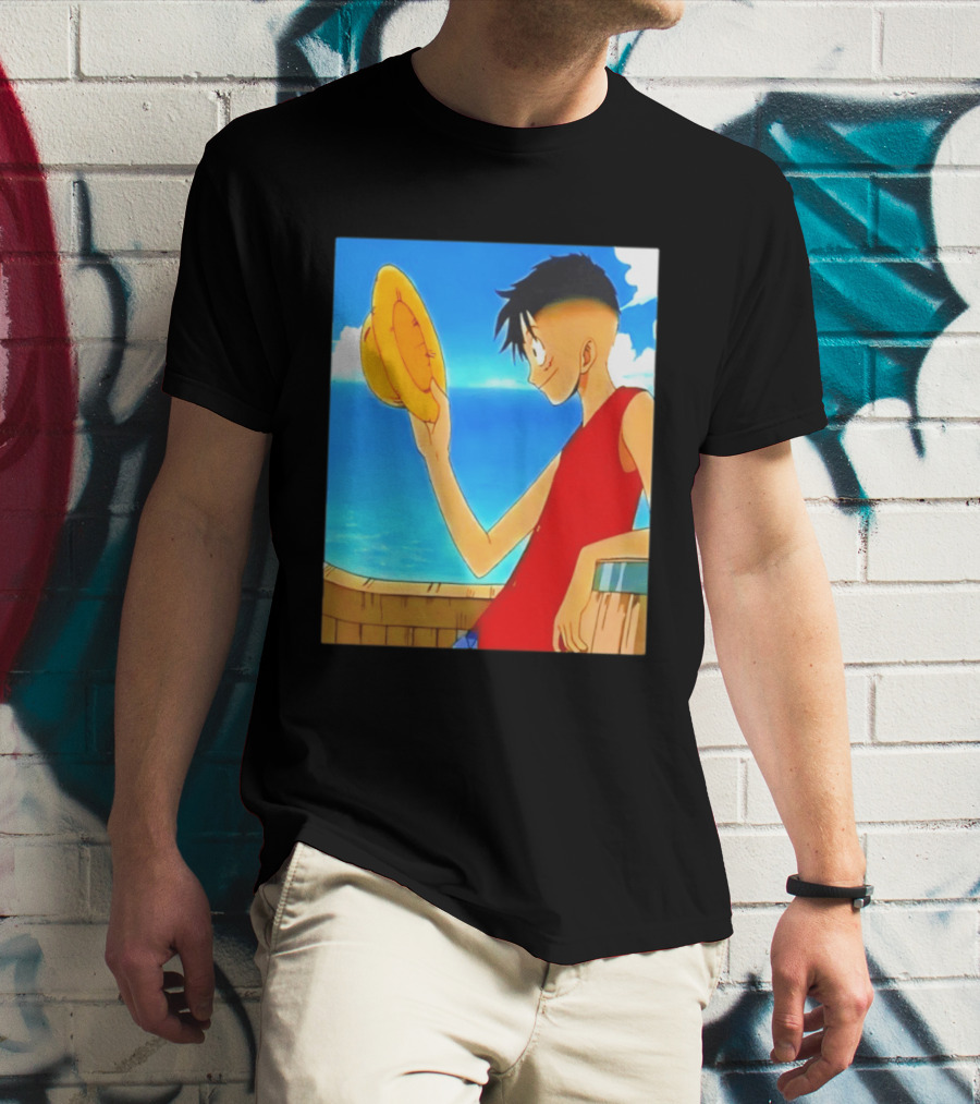 One Piece Luffy Taper Fade Anime Manga Straw Hat Ocean Scene T-Shirt