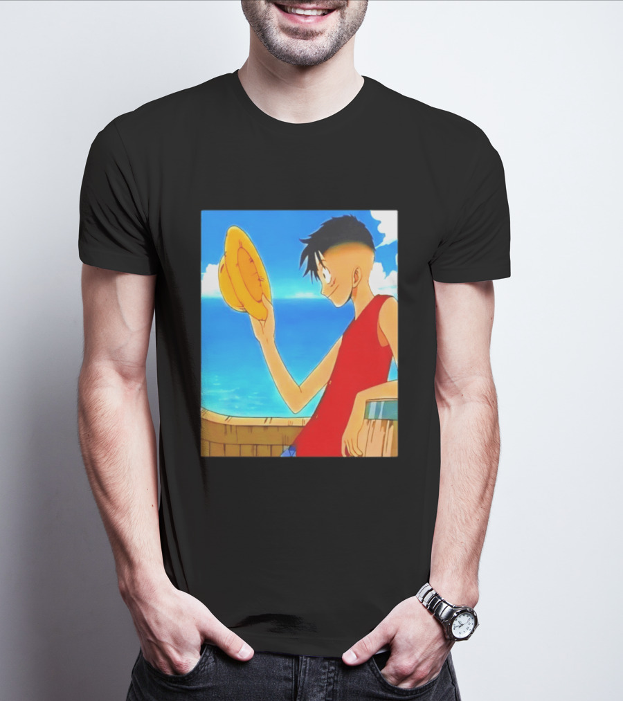 One Piece Luffy Taper Fade Anime Manga Straw Hat Ocean Scene T-Shirt