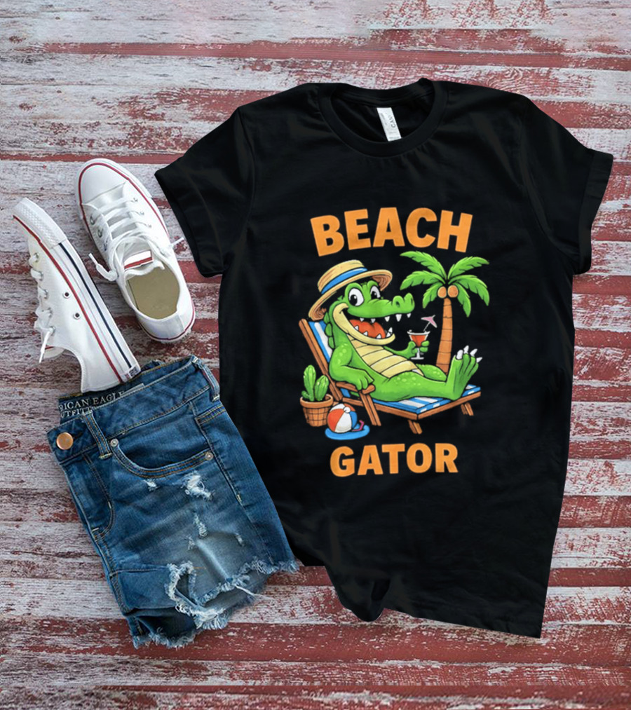 Beach Gator Tropical Alligator Vacation Relaxing With Cocktail Palm Tree T-Shirt
