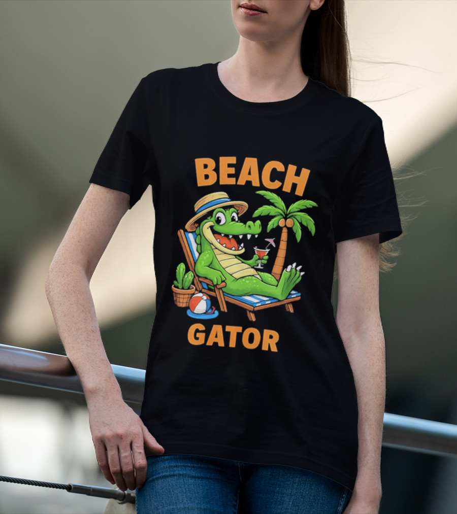 Beach Gator Tropical Alligator Vacation Relaxing With Cocktail Palm Tree T-Shirt