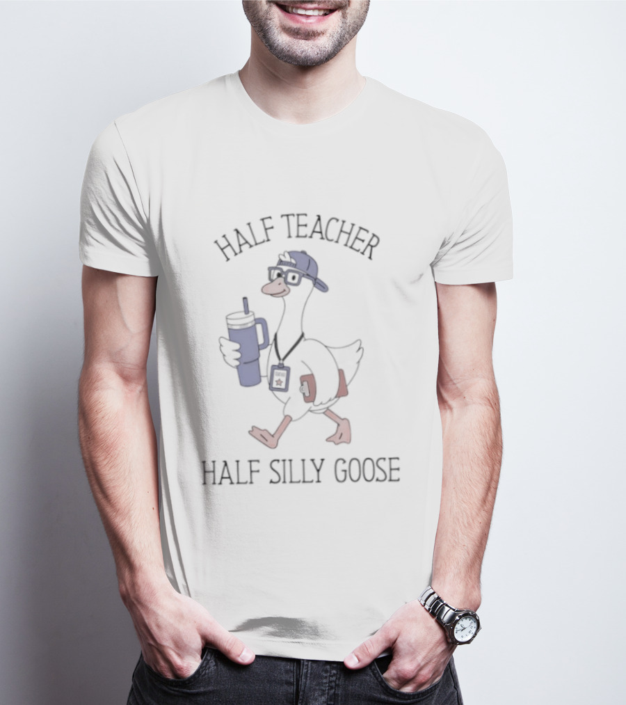 Half Teacher Half Silly Goose Funny Cartoon Duck With Coffee And School Supplies T-Shirt