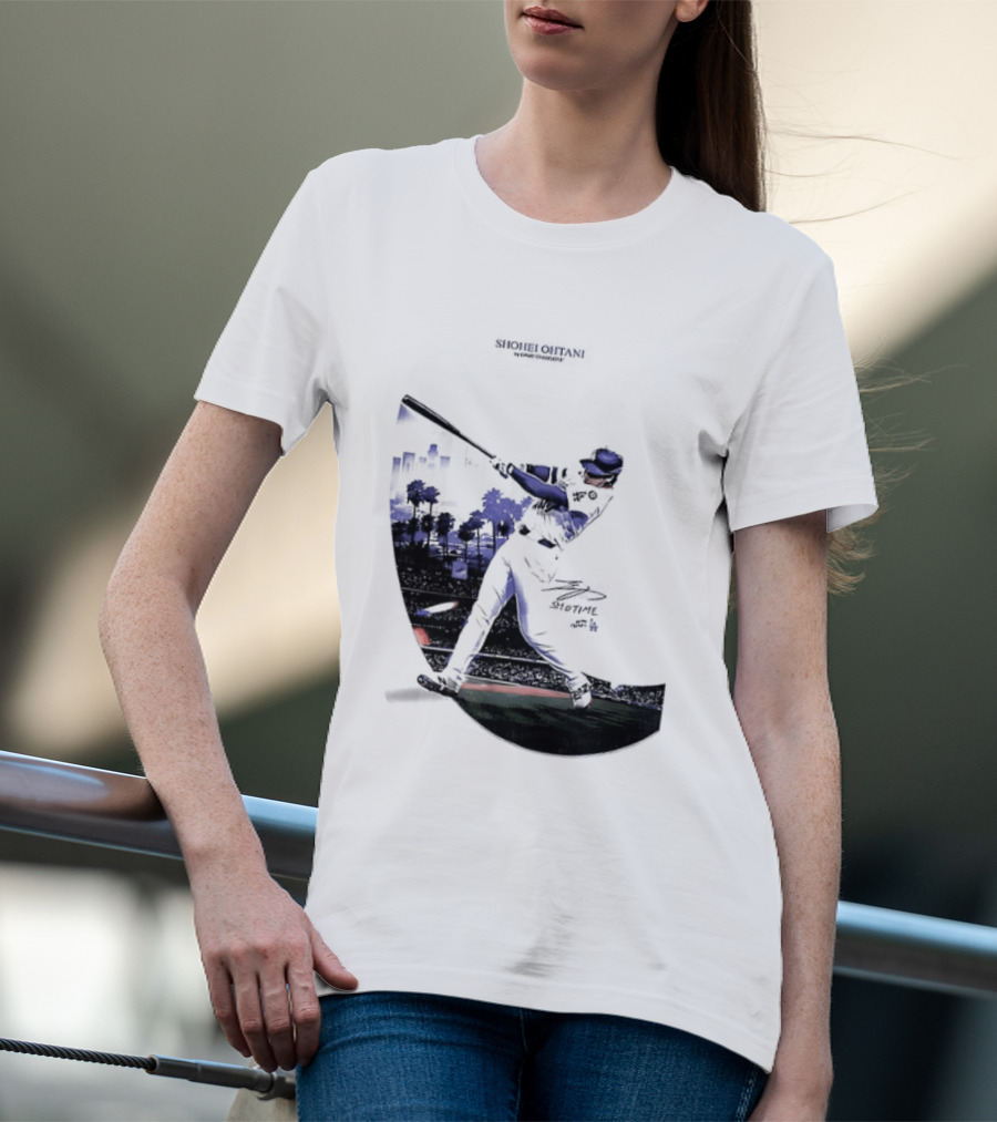 Shohei Ohtani 17 Los Angeles Angels MLB Slugger Swing Two Sided T-Shirt