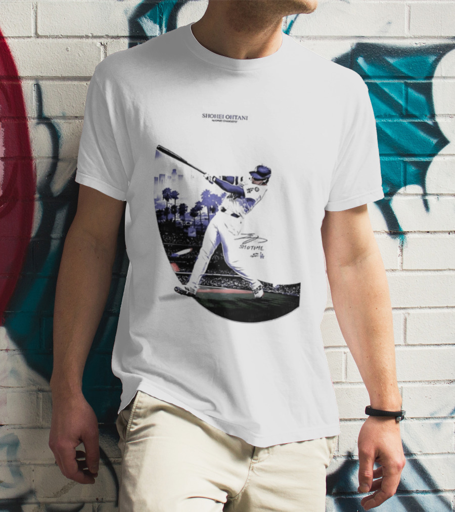 Shohei Ohtani 17 Los Angeles Angels MLB Slugger Swing Two Sided T-Shirt