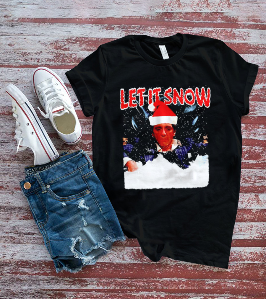 Let It Snow Al Pacino Scarface Tony Montana Snowflakes Santa Hat T-Shirt