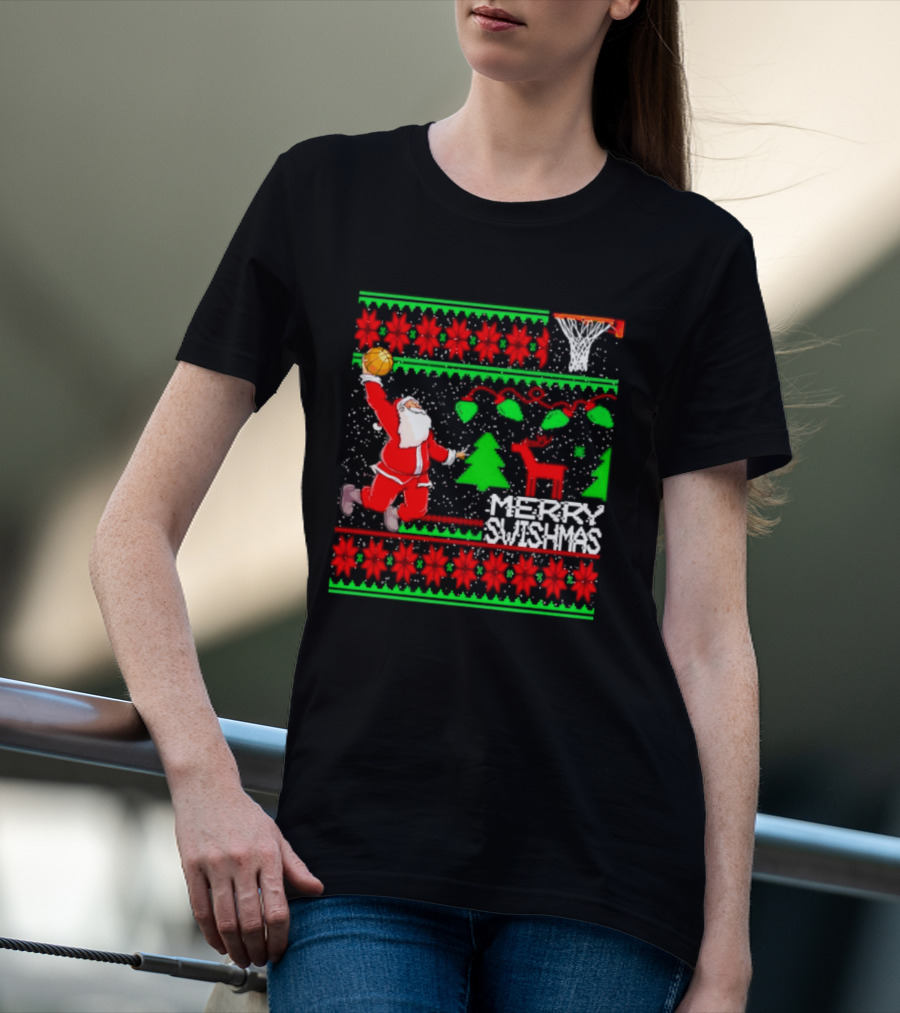 Santa Claus Dunking Basketball Ugly Christmas Sweater Merry Swishmas T-Shirt