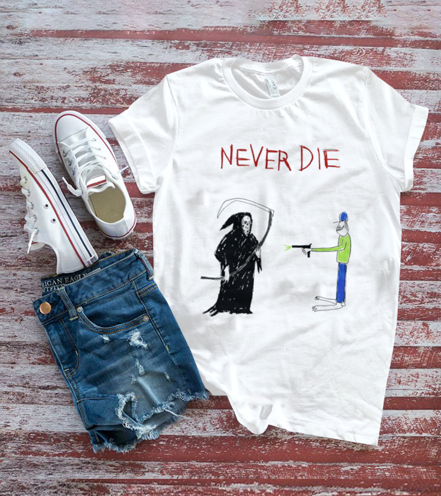 Never Die Grim Reaper Confronts Armed Man Drawing T-Shirt