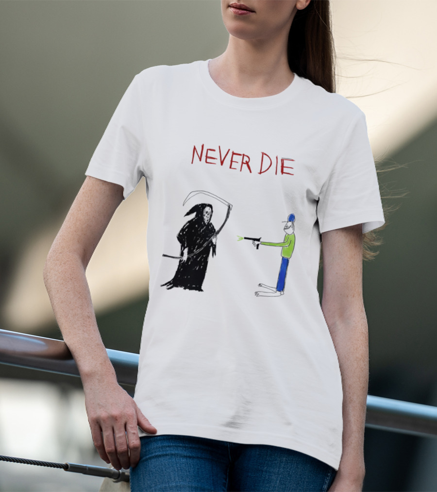 Never Die Grim Reaper Confronts Armed Man Drawing T-Shirt